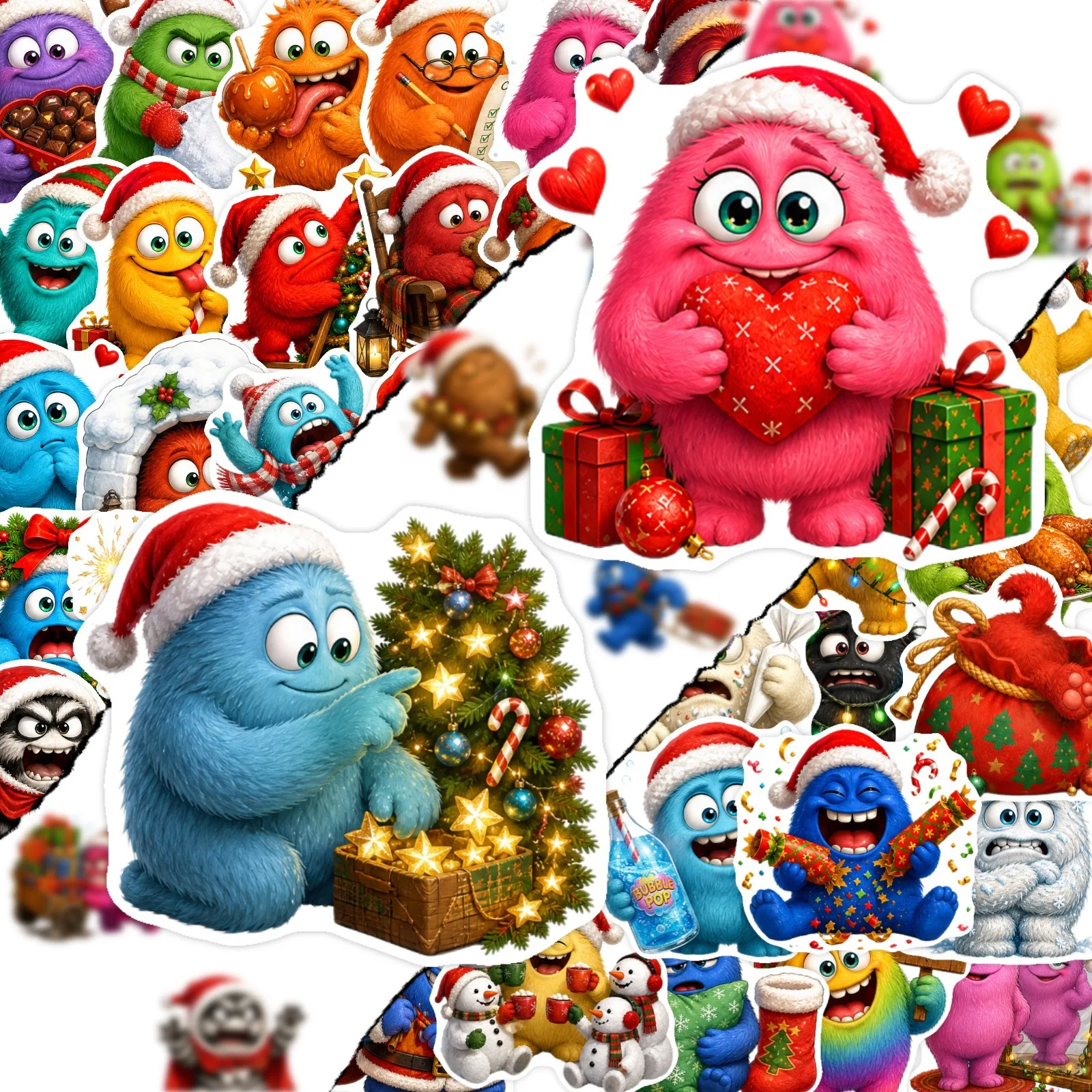 50 Pcs Cute Christmas Monster Holiday Decorative Stickers for Multi‑Surface DIY Crafts