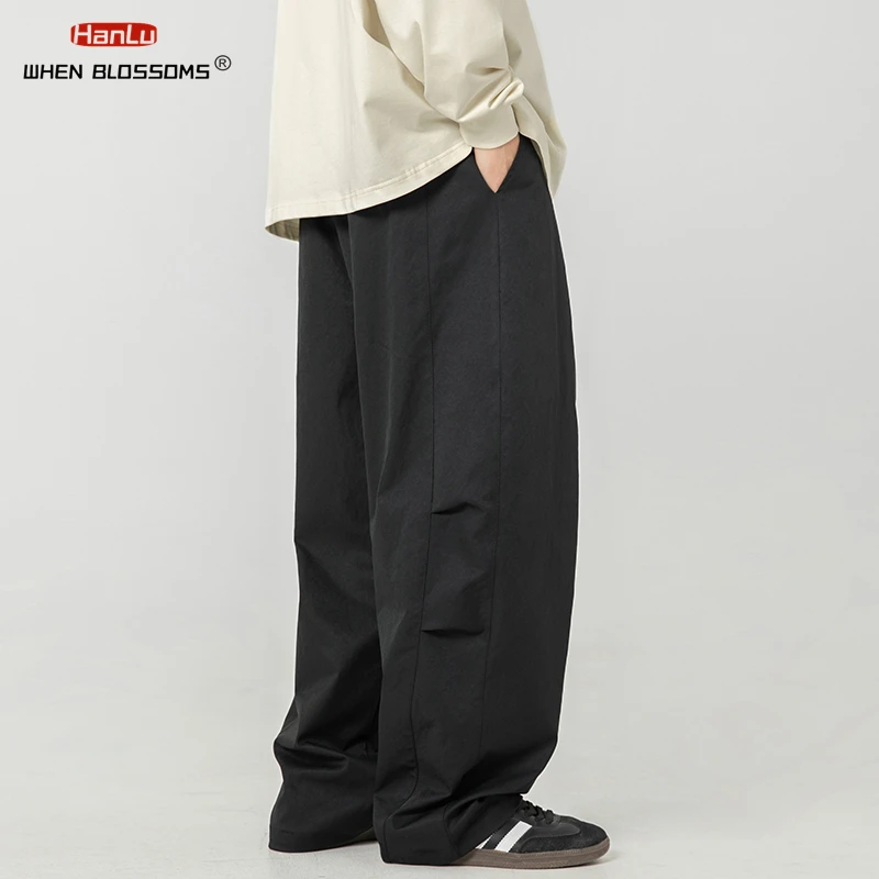 HANGLU 2025 Spring Men's Fashion Curved Casual Long Pants Retro Loose Wide  Leg Trendy Brand Baggy Trousers