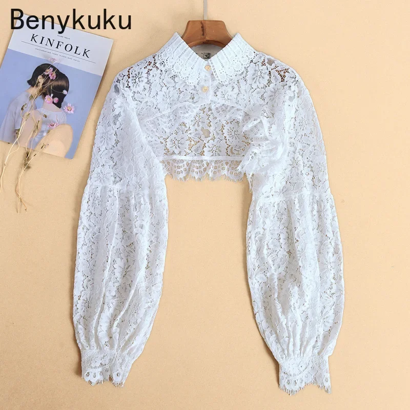 Tunrn Down Collar Long Sleeve Hollow Out Lace Crop Tops Women Elegant Fashion Sheer Shrug 2024 Basic Party Top Coat Bolero