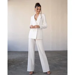 Trajes de doble botonadura con solapa de muesca para mujer, trajes blancos elegantes, conjuntos de pantalones de dama de oficina informales formales de boda, moda sólida, 2 piezas