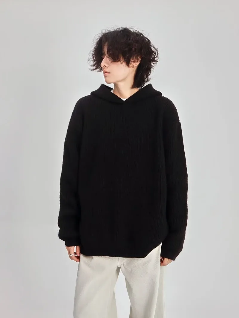 2026 Autumn Winter Simple Solid Color Knitted Men's Hoodie Tops Korean Fashion Casual Loose Hooded Sweatshirt Coats Streetwear