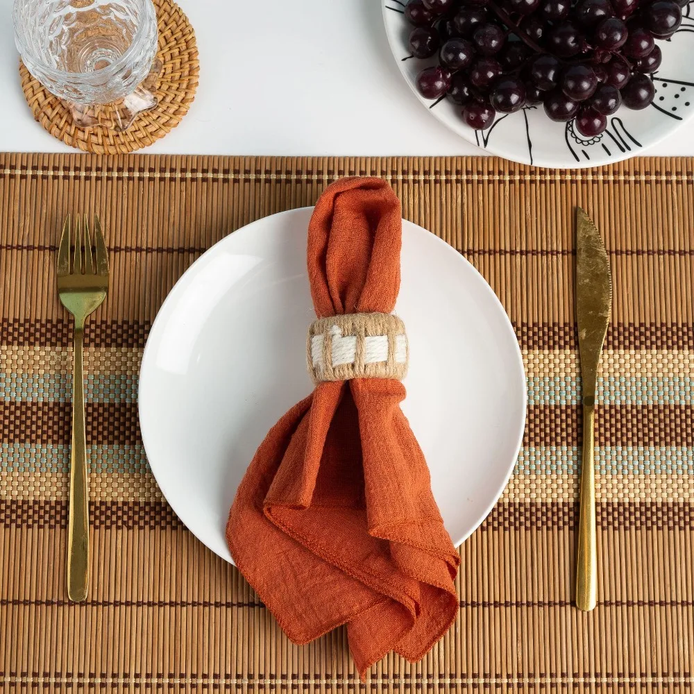 6 Piece Table Accessories Linen Cylinder Napkin Ring Woven White Striped Napkin Holder Rustic Style Dinning Towel Ring New Year