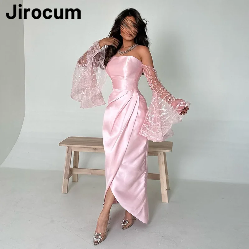 

Jirocum Pink Mermaid Prom Dress Strapless Sequin Long Sleeve Pleated Party Evening Gown Ankle Length Special Occasion Gowns 2024