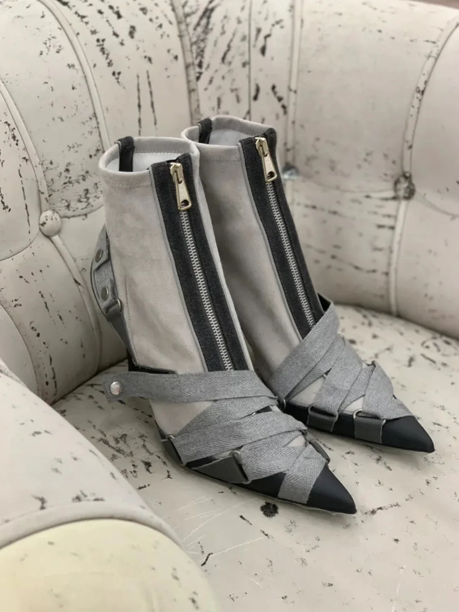 

Splicing Cross Strap Ankle Boots Pointed Toe Belt Buckle Fashion Women Short Boots 2025 New Cool Girl Street Style High Heels