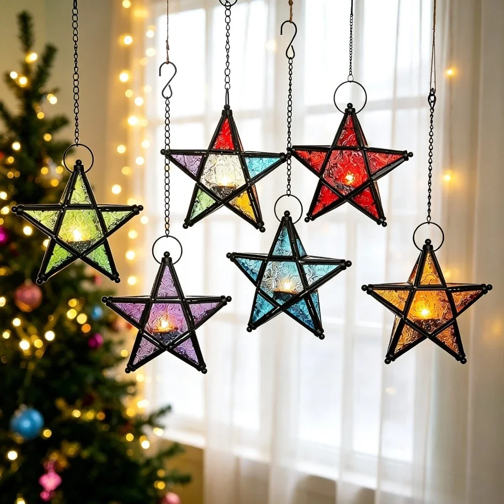 Hanging Star Stained Glass Candlestick Embossed Color Glass Tealight Holder Moroccan Pentagram Candlestick Patio Holiday Decor