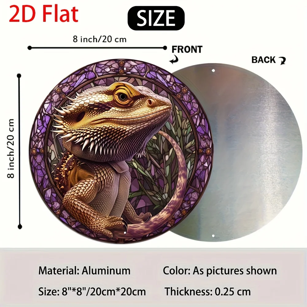 Bearded Dragon Stained Glass Style Round Metal Sign, 2D Flat Print Reptile Lizard Wall Art, Weatherproof Bohemian Pet Lover Deco