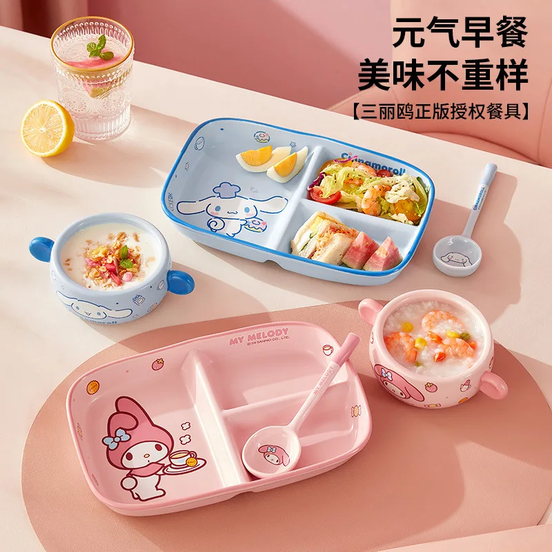 

Sanrio Kawaii My Melody Ceramic Breakfast Plate Cinnamoroll Anime Cartoon Exquisite Household Plate with Rice Bowl Tableware Set