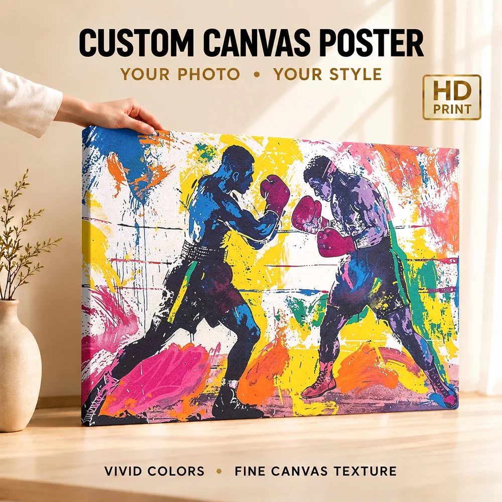 Boxing Duel Gallery Wrapped Canvas Print Customized Photo Expressive Multicolor Brushwork Wall Art For Home Gym Fitness Gift