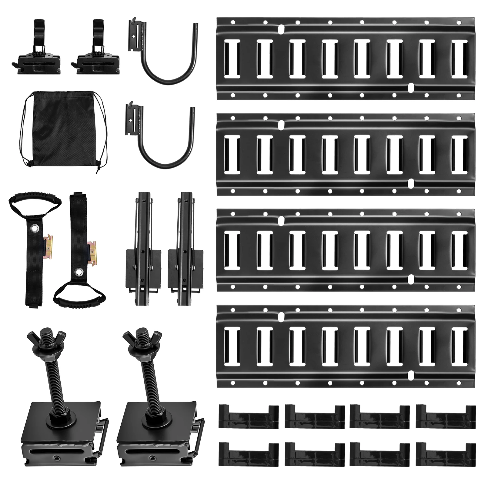 E-Track Tie-Down Rail Kit, 4 Pack 1.3 ft E Track Rails, 2 U-Shaped Hooks, 2 Tool Holders, 2 Track Shelf Brackets, 2 Tire Holders, 2 Cable Storage Rings, 8 End Caps & 1 Bag