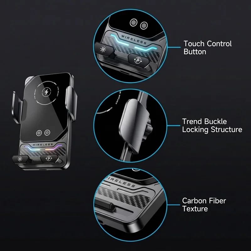 15W Universelles kabelloses Auto-Handy-Ladegerät mit Halterung und automatischer RGB-Lichtsensorik für Samsung S26 iPhone 17 16 15 14 13 12 11 Pro Max – Detail 7