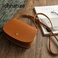 Johnature Simple Genuine Leather Crossbody Bags 2024 New Versatile Women Saddle Bag Vintage Natural Real Cowhide Shoulder Bags