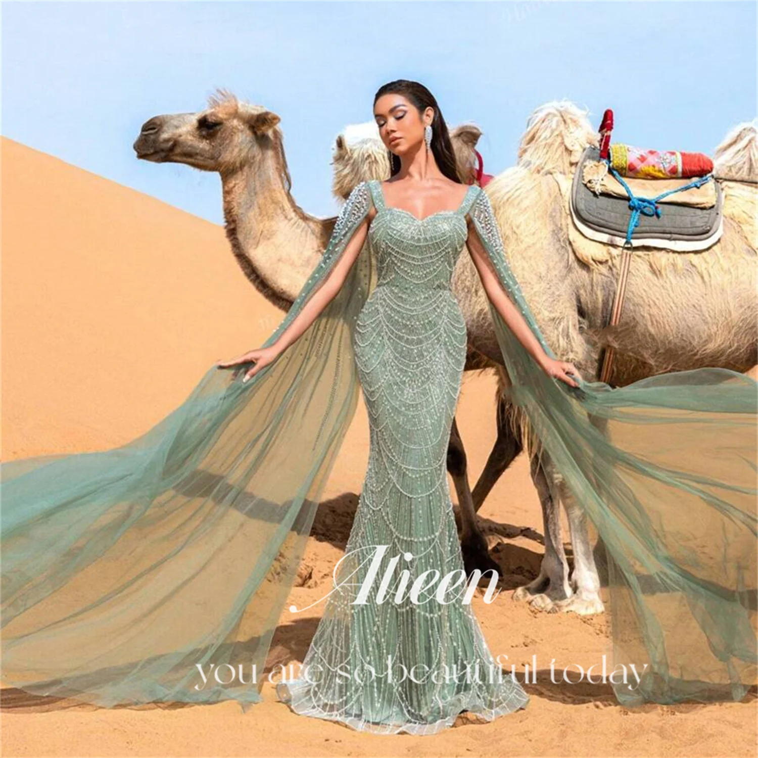 Aileen فستان سهرة نسائي أخضر شال فساتين لحضور الحفلات الموسيقية 2025 خرز مخصص فيستدوس دي فيستا فاخر فساتين سهرة حورية البحر فاخرة
