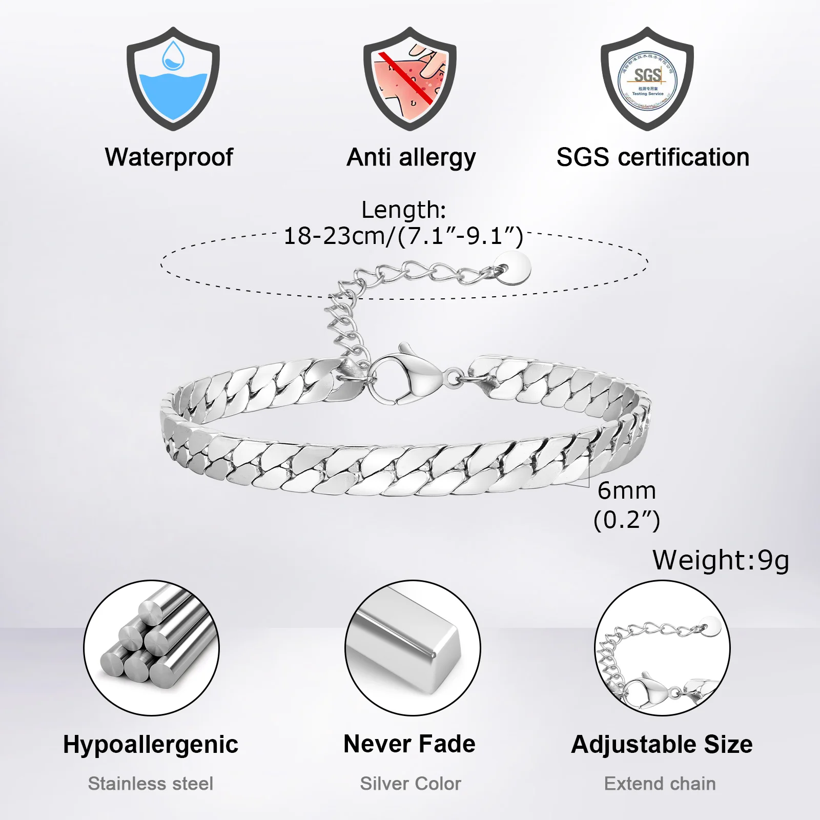 Punk Silver Color Men's Chain Bracelet, Hip Hop Style