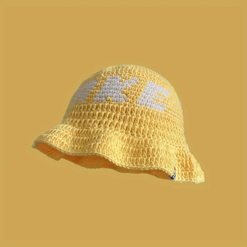 Handmade Crochet Knitted Letter Jacquard Bucket Hat Women Men Woolen Fisherman Hat Casual Street Hollow Out Breathable Hat