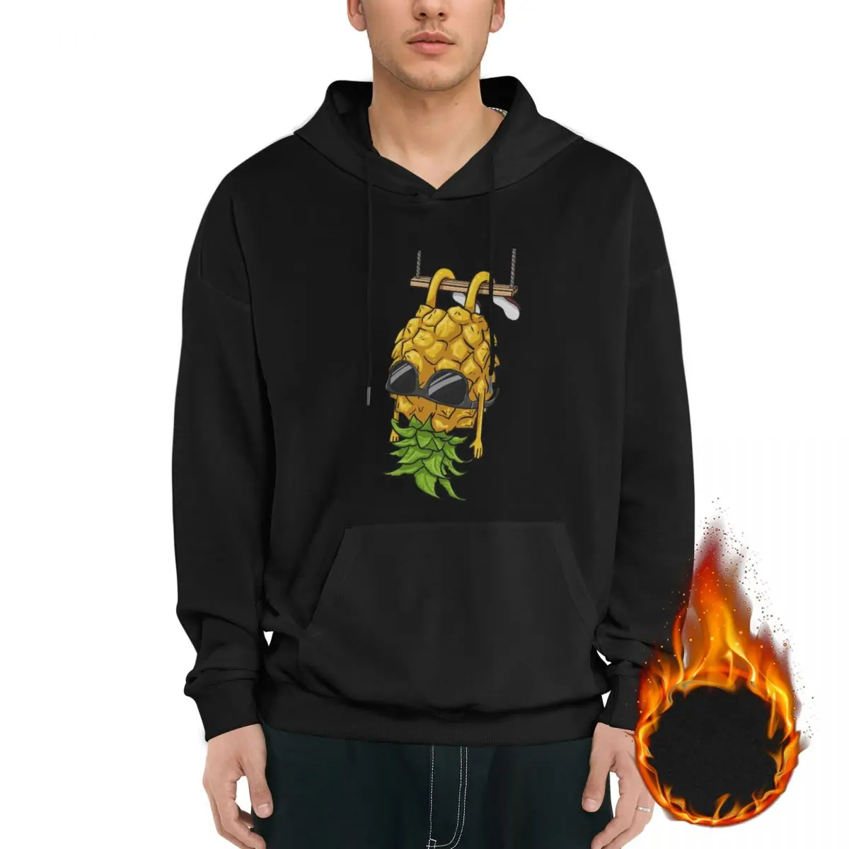 Swinging Pineapple Cartoon Swinger Upside Down Pineapple Gear Men's Fleece Hoodie Black Long -sleeved Hoodie