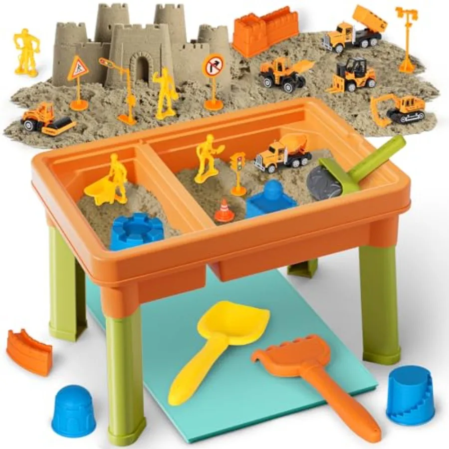 Sensory Table with Sensory Sand, Sensory Bin with Lid & 2.6lbs Play Sand, Construction Kit with 6 Alloy Trucks & Castle Molds, S