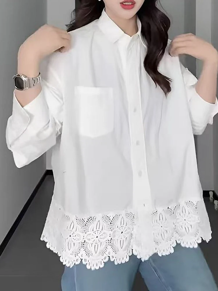 2025 Autumn Casual Women's Oversize Shirts Korea Style Button Up White Shirt Lace Patchwork Long Sleeve Female Cardigan Blouse