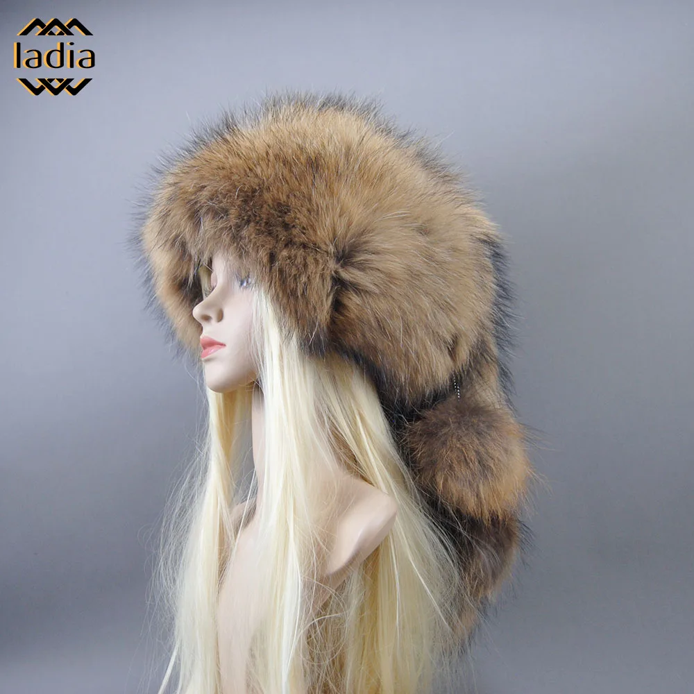 Winter Women's Warm Ear Protection Fashion Knitted Natural Plush Big Thick Dome Hat Natural fox Raccoon Fur Caps Windproof Hat