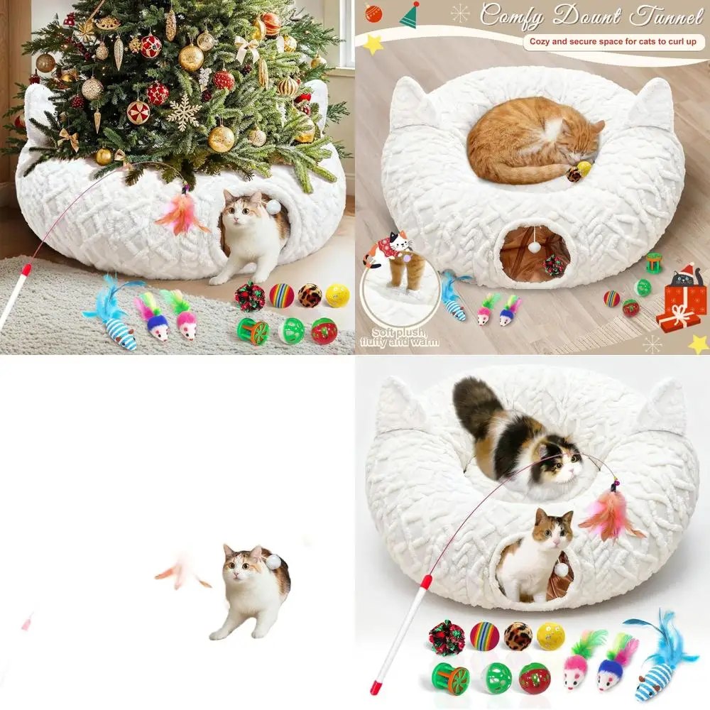 

Cozy Christmas Cat Tunnel Skirt with Plush Donut Bed, Washable Mat & 11 Interactive Toys for Playful Feline Fun