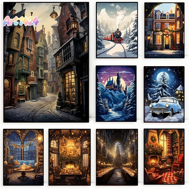 Watercolour Christmas Magic School Express Castle Wizard Movie Winter Landscape Poster Canvas Painting Wall Pictures Home Dec