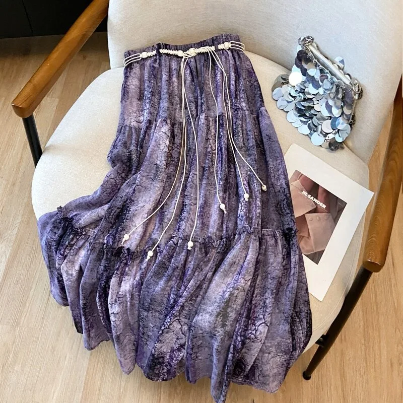 Vintage Ethnic Purple Tie-dye Print Tiered Chiffon Midi Skirt High-waisted Flowy Skirt Tassel Belt Women Cottagecore Fairy Wear