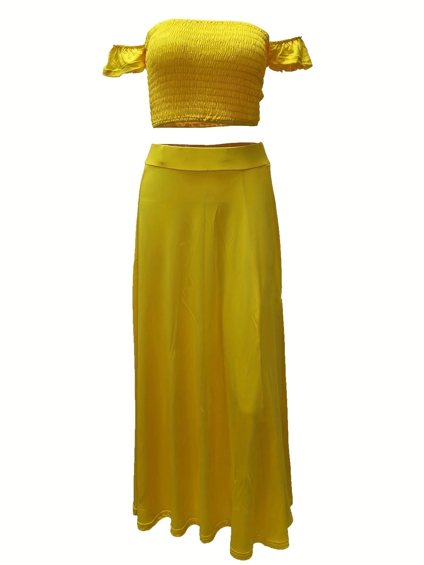 Böhmisches Zweiteiler-Set für Damen: Schulterfreies, elastisches, einfarbiges Top mit Federdruck und hochtailliertem Rock mit Schlitz. – Detail 34