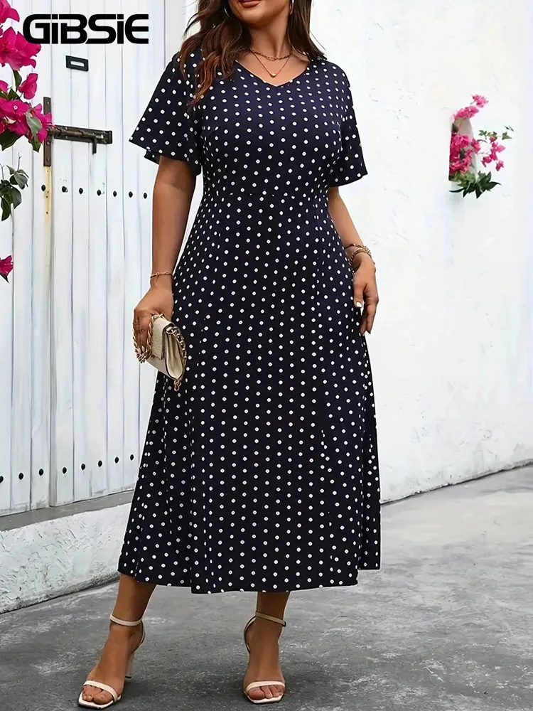 GIBSIE Plus Size Polka Dot V Neck Elegant Long Dress Women Summer High Waist Short Sleeved Vintage A-Line Dresses 2024 New