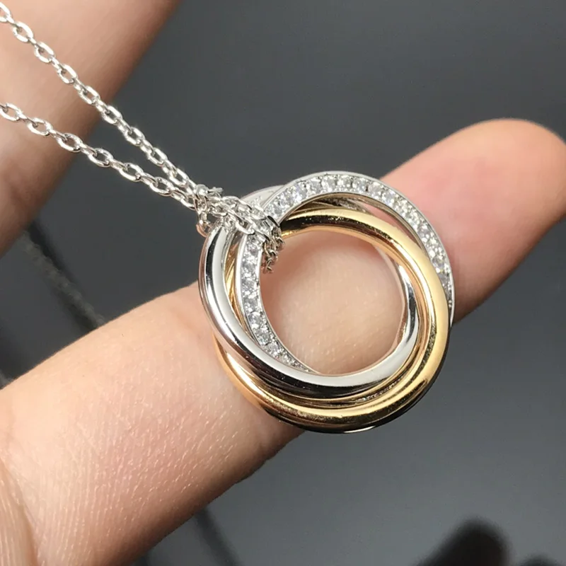 

High Quality New Tri Color Inlay Zircon Silver Rose Necklace For Women Luxury Fine Jewelry DN