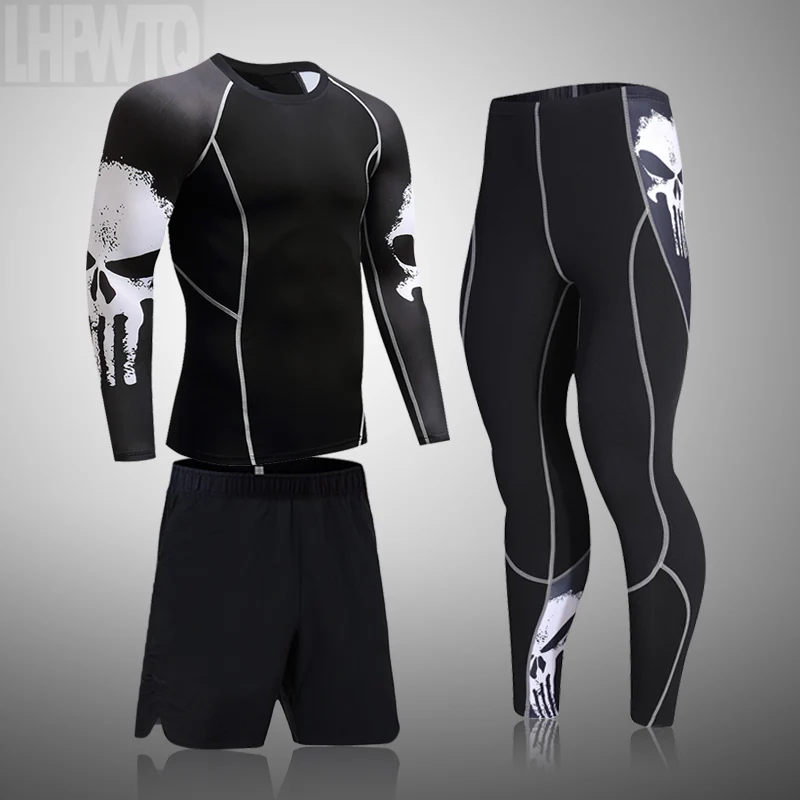 Fitness Training Clothes 3D Skull Thermal Underwear Compression Men's Suit Sports Running Clothes Warm Base Layer 3XL