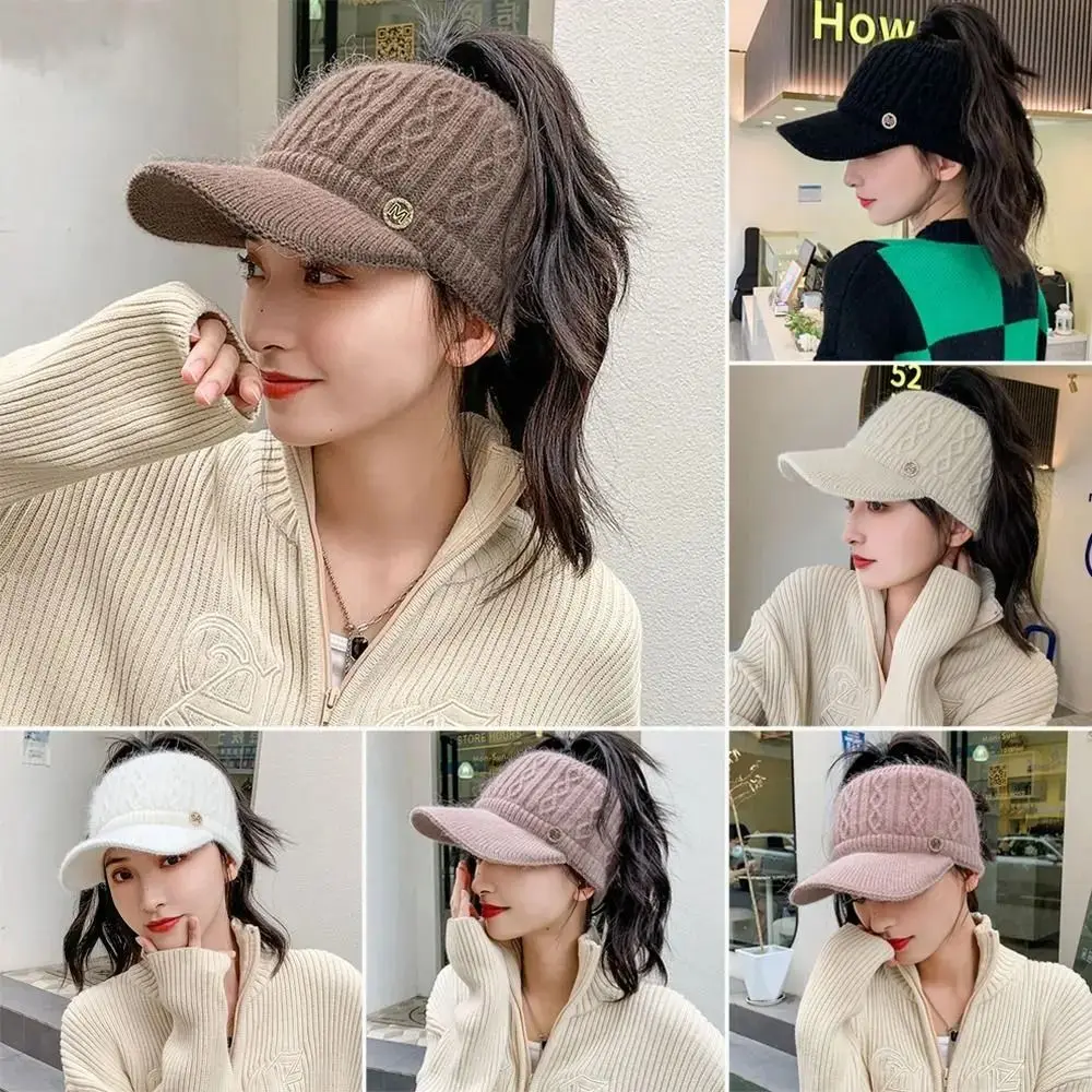 Korean Autumn Winter Warm Ear Protection Knitted Baseball Hat Women\'s Sports Empty Top Hat Outdoor Windproof Thickened Plush