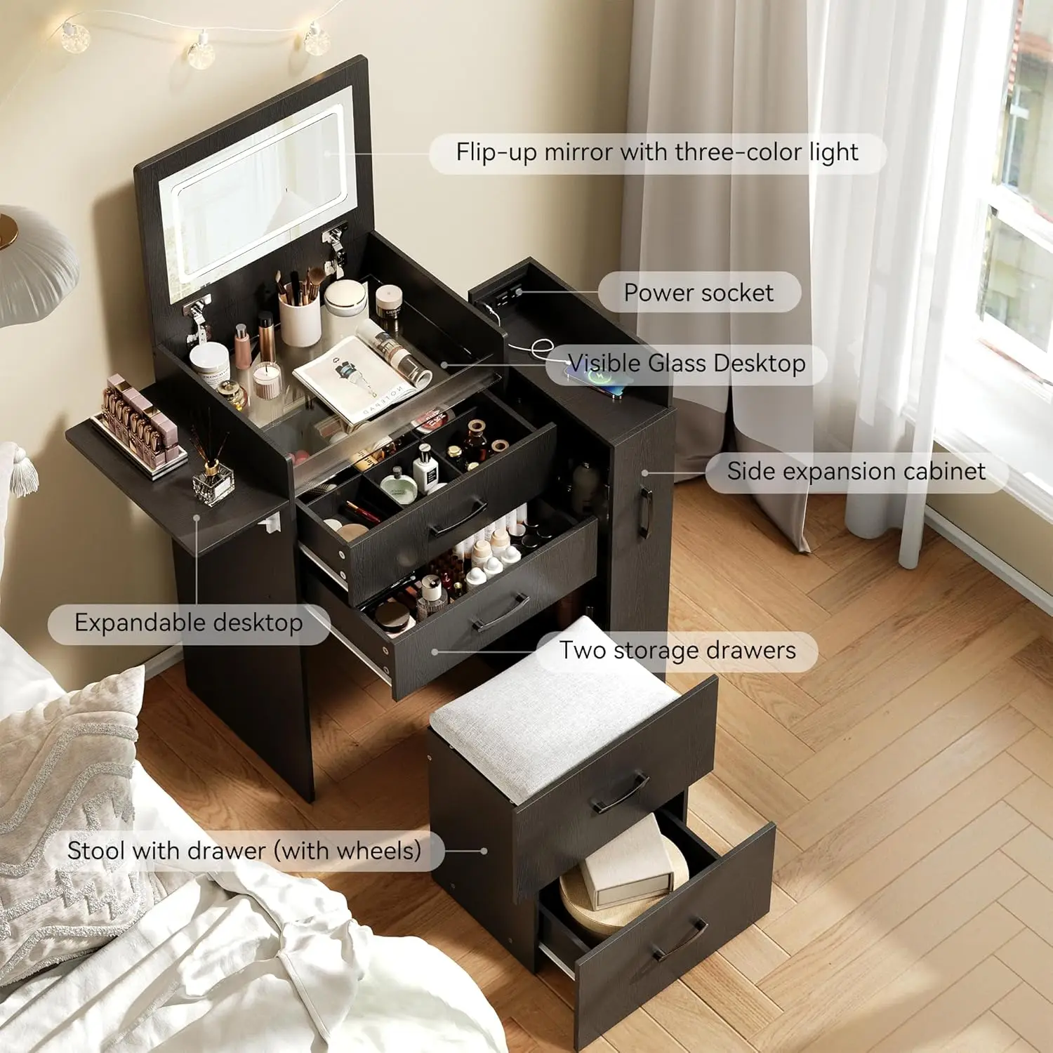 3 in 1 Vanity Desk with Flip Top Mirror, LED Lights, Side Cabinet,Collapsible Desk Panel, Hidden Stool with Storage, Sma