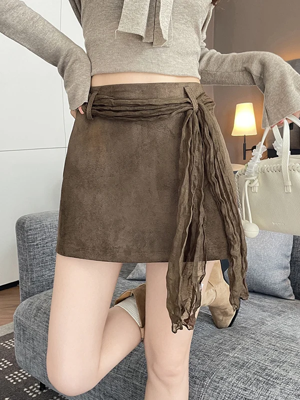 Retro Style Silk Scarf Waist Half Skirt Deep Coffee High Waist Wrap around Short Skirt Women's Spring Autumn New 2026 Model