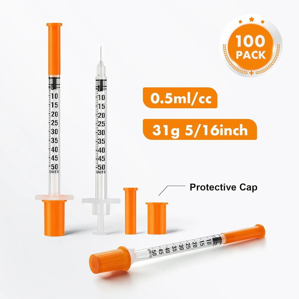 100PCS 0.5ml U‑100 Insulin Syringe 31G 8mm Needle Sterile Disposable Individually Sealed For Pets Birds DIY