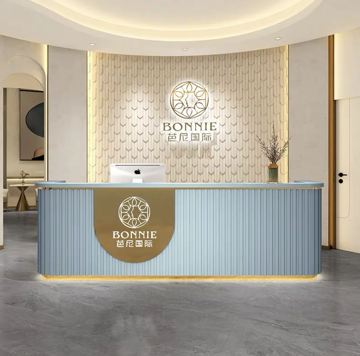 

New Blue And Phnom Penh Stainless Steel LOGO With LED Lights Reception Desk Beauty Salon Special Custom Size