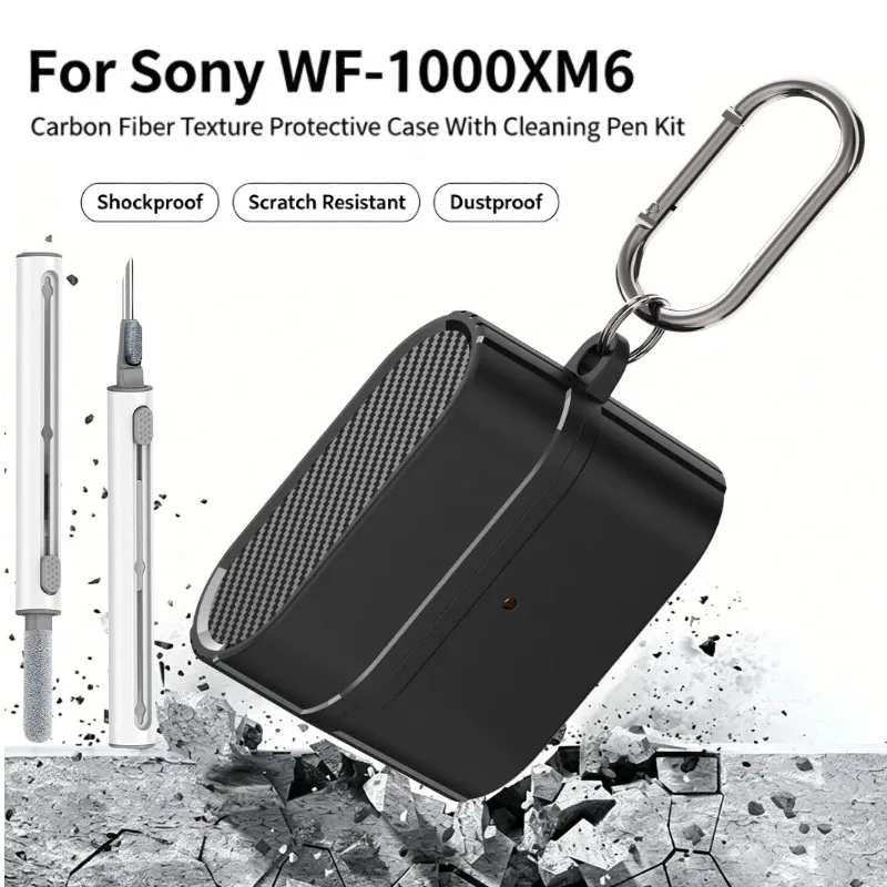 For Sony WF‑1000XM6 Wireless Earbuds, Carbon Fiber Texture Shockproof Protective Case With Multifunctional Cleaning Pen Kit