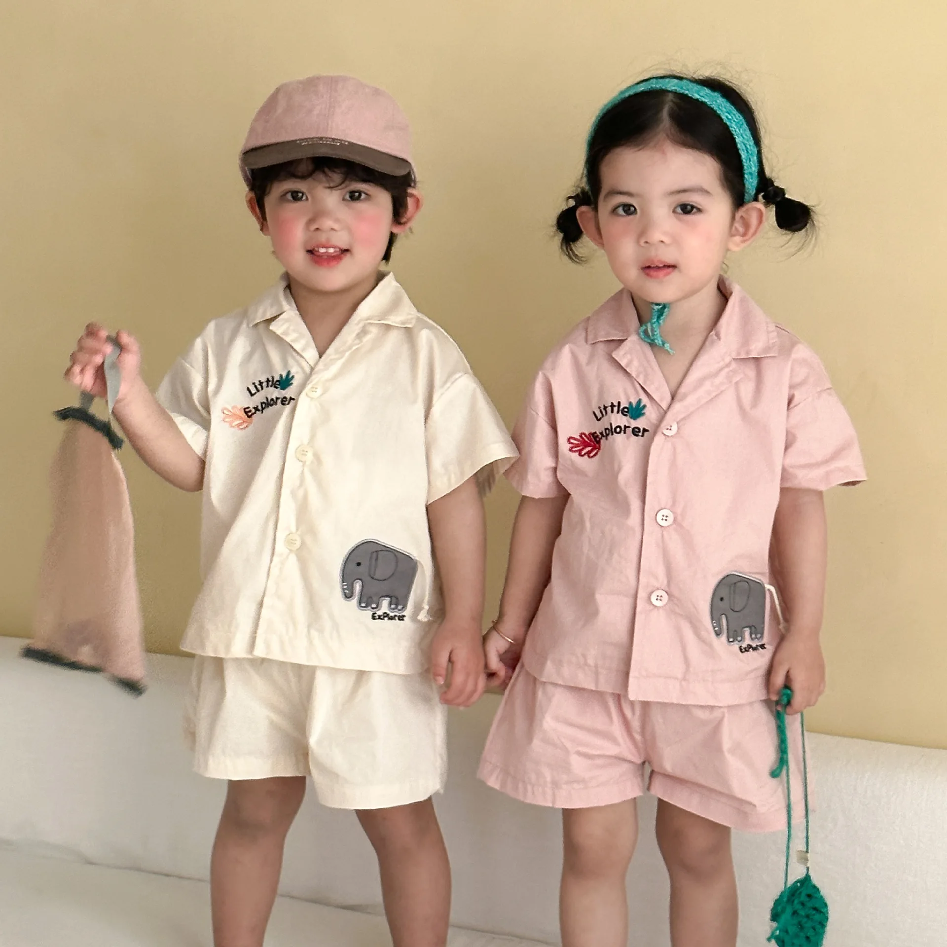 

2026 Summer New Children Short Sleeve Casual Clothes Set Boys Girls Cute Elephant Shirts + Shorts 2pcs Suit Toddler Outfits