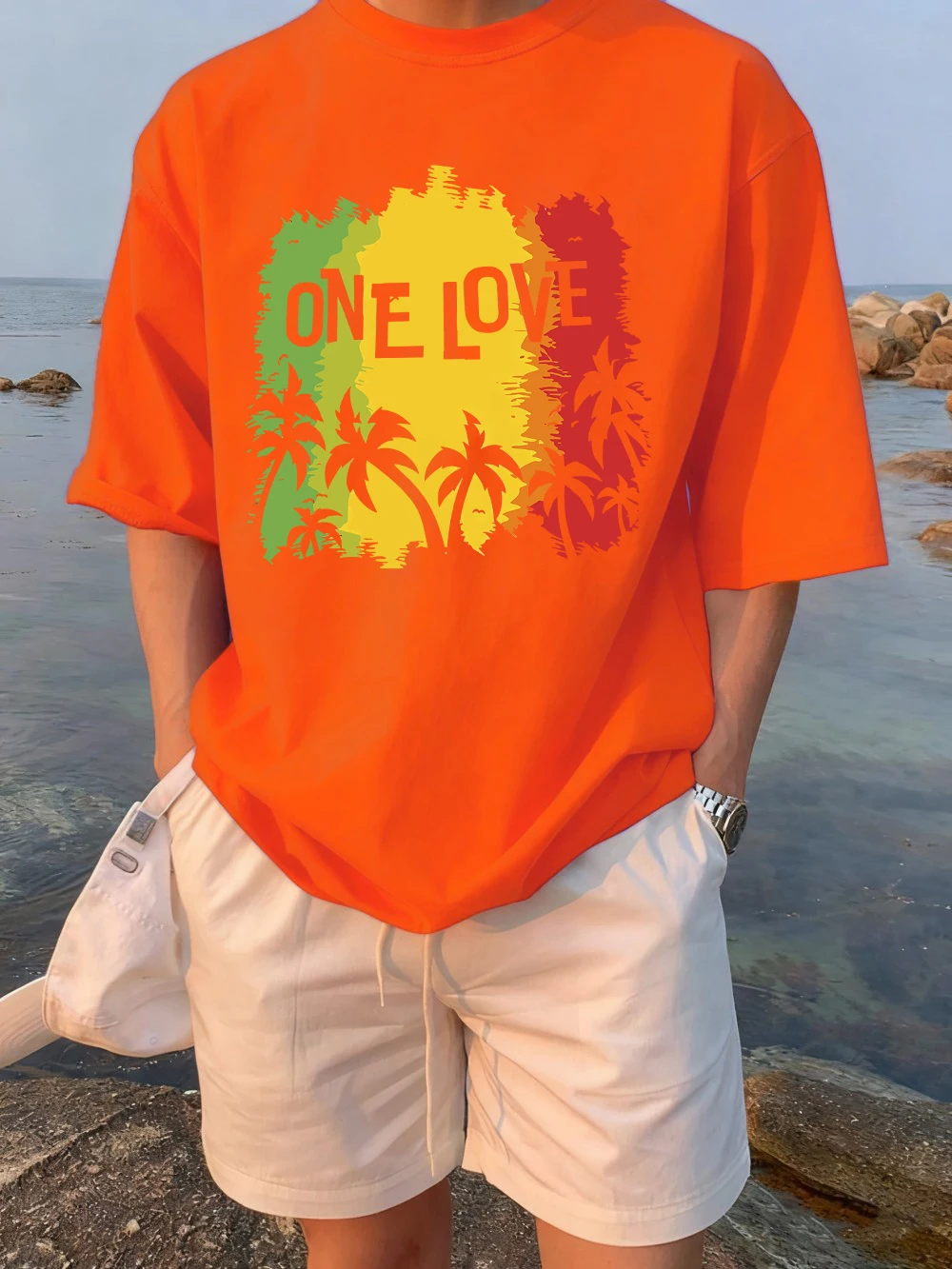 One Love Creative Coconut Tree Print Mans Breathable Tees Crewneck Cotton Streetwear Casual All-Match Top Summer Hip Hop T-Shirt