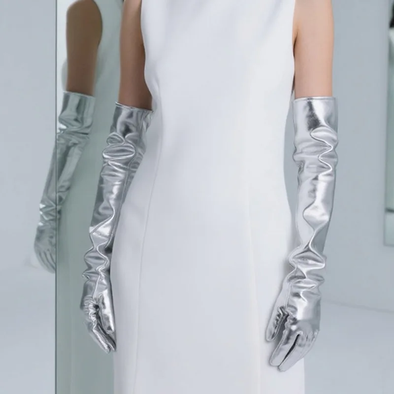 Women Long Shiny Stretch Gloves Solid Elastic Full‑Finger Gloves Evening Party Prom Cosplay Costume Dress Accessory for Ladies