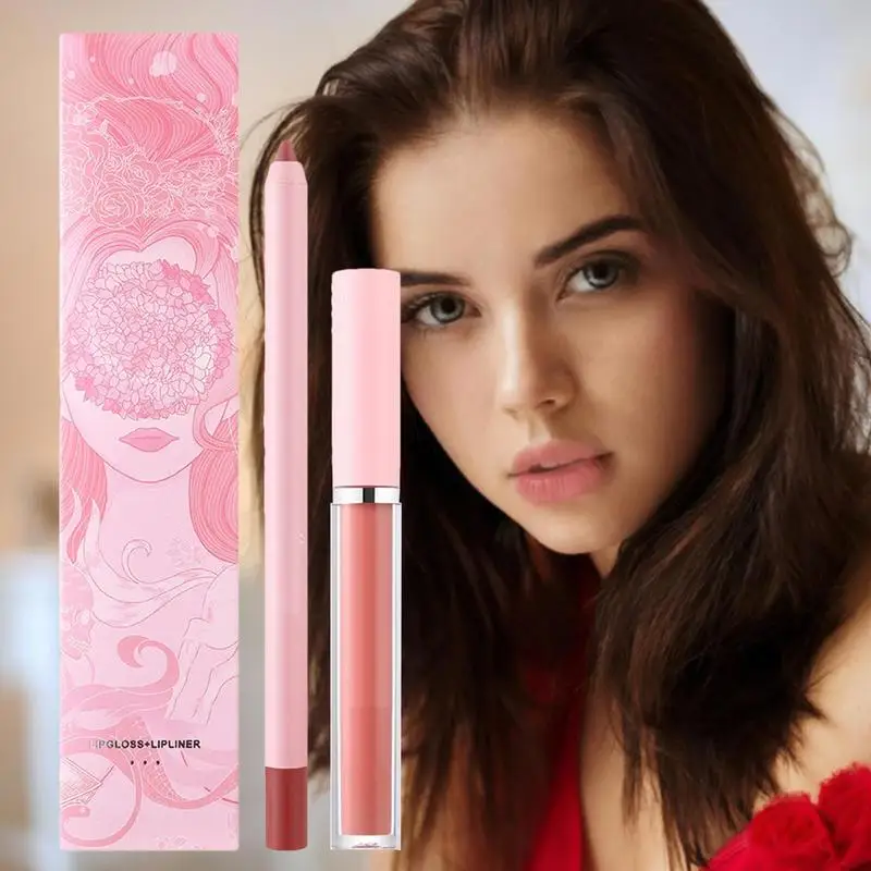 Maquillaje brillo de labios bolígrafos de maquillaje brillantes 2 en 1 crayón de labios de larga duración lápiz delineador Color mate lápiz labial para niñas y mujeres