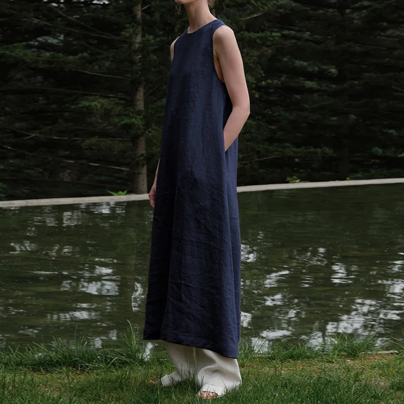 Elegante abito in lino stile francese per donna Casual senza maniche con bottoni posteriori Abito lungo scavato Harajuku Boho Sundress