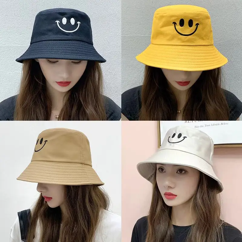 Unisex Bucket Hat Smile Embroidery Women Cotton Corduroy Double-Sided Bob Hip Hop Hat Four Season Panama Beach Fishing Sun Caps