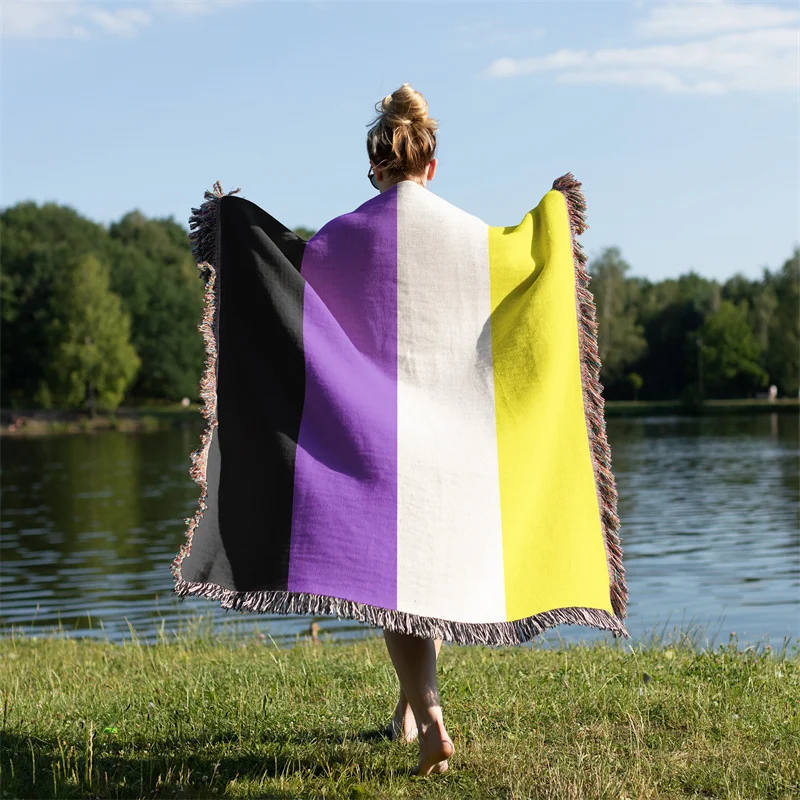 Gaslight Gatekeep Girlboss Nonbinary Pride Flag LGBT Rainbow Jacquard Fringed Woven Throw Blanket