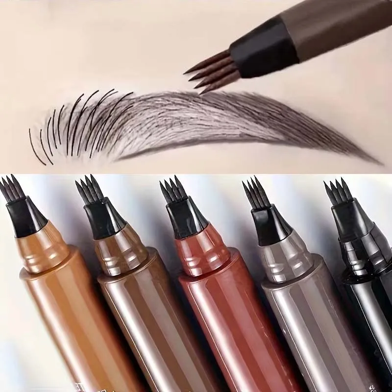 5 Farben Wasserfester Augenbrauenstift mit 4-Spitzen-Design, langanhaltend, wischfest, Tattoo-Effekt, flüssiger schwarzer Augenbrauen-Make-up-Stift