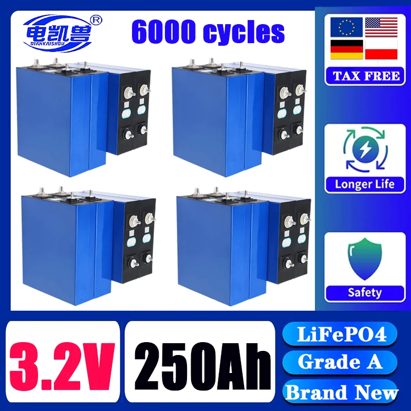 A-Grade 3.2V 250Ah lifepo4 battery DIY 12V 24V 48V electric vehicle charging battery RV solar storage system tax-free