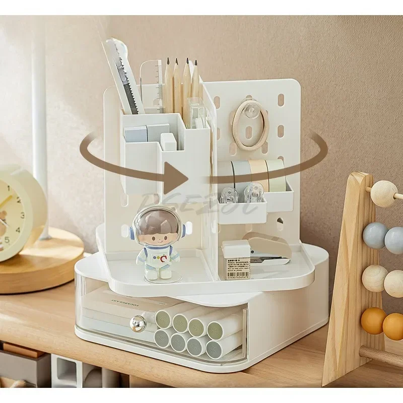 Large Capacity Drawer with Rotatable Hole Board Pen Holder Storage Box Desktop Storage Aesthetic DIY