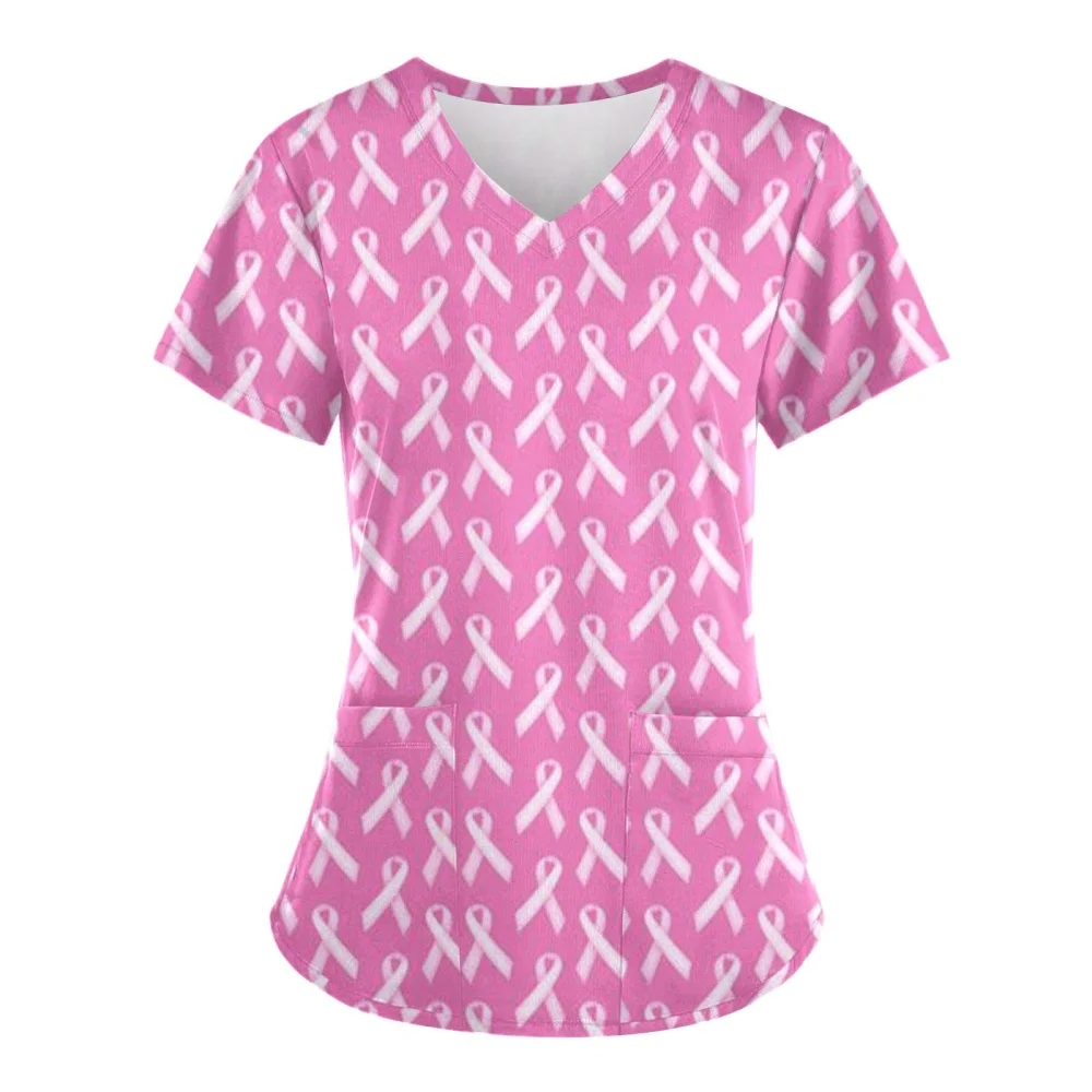 

Scrubs Medical Uniform Pink Ribbon Cancer Fighter Graphic Women's Uniforms V Neck Short Sleeve Tops with Pockets for Women