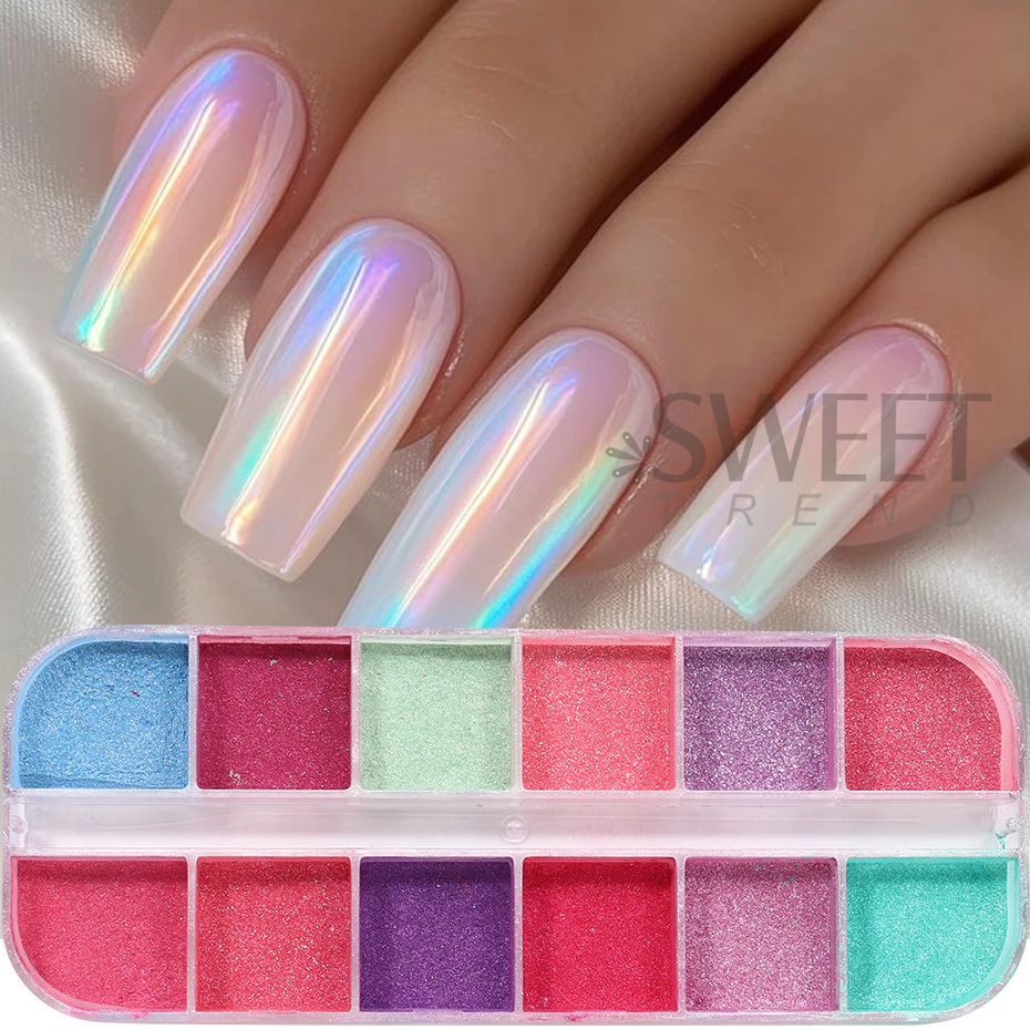 12 شبكة مرآة ملونة الأظافر بريق مسحوق النيون تأثير الكروم الصباغ أورورا فرك الغبار بصيص مانيكير اكسسوارات الديكور فلاش