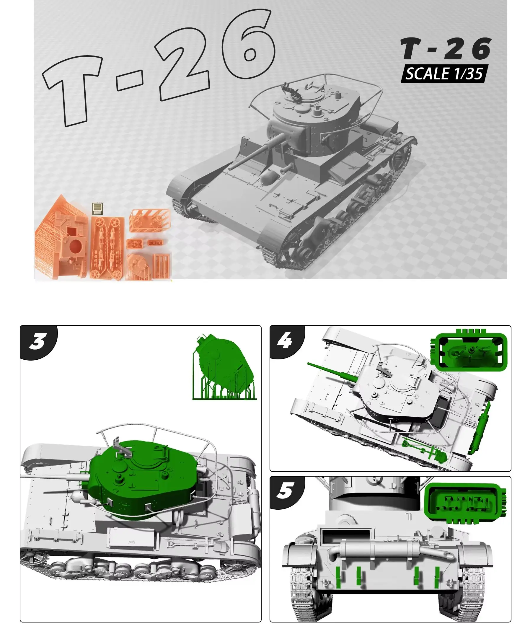 

Soviet T-26 Light Tank MRY-SFW SS597 1/72 1/48 1/35 25mm Military Model Kit