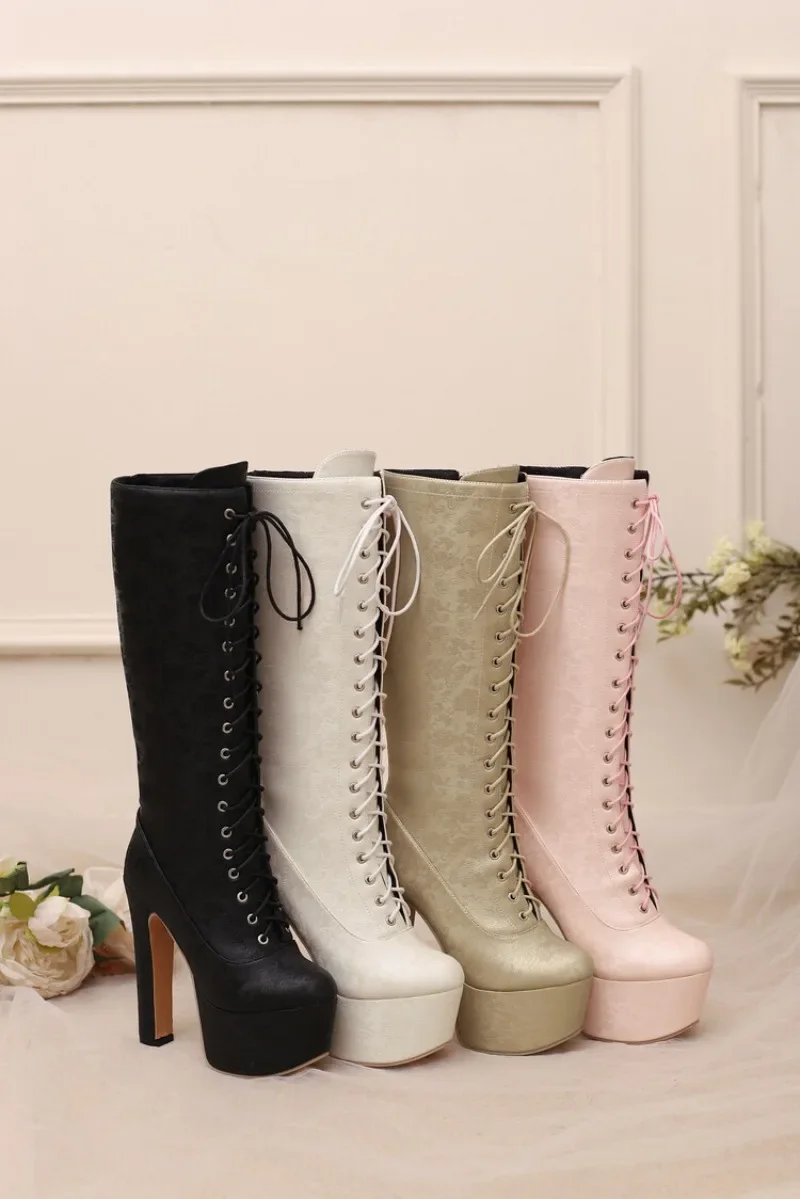 European and American Fashion High Heels, Thick Soled Side Zipper Knee High Boots, Women\'s Autumn and Winter Fashion Shoes