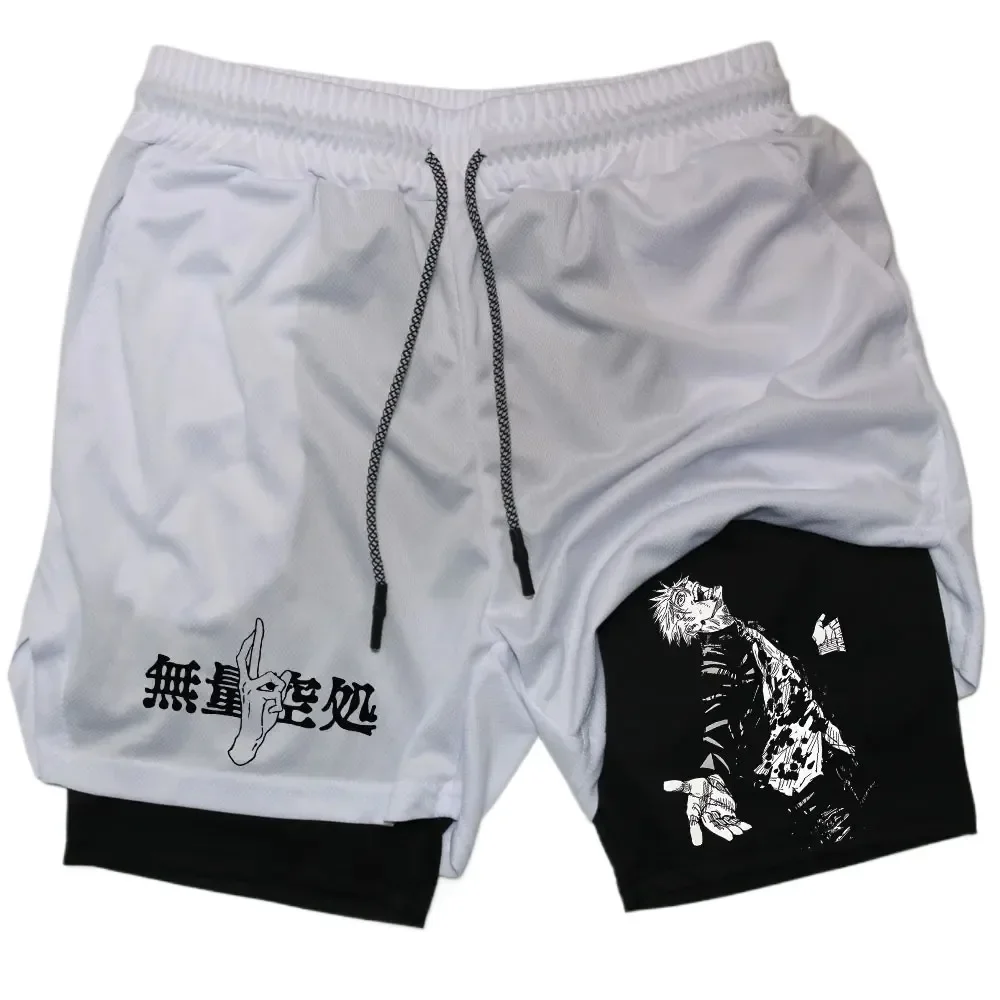 Anime 2 In 1 Compression Shorts Gojo Satoru Print Performance Sportswear Men Training Workout Male Fitness Sport Shorts